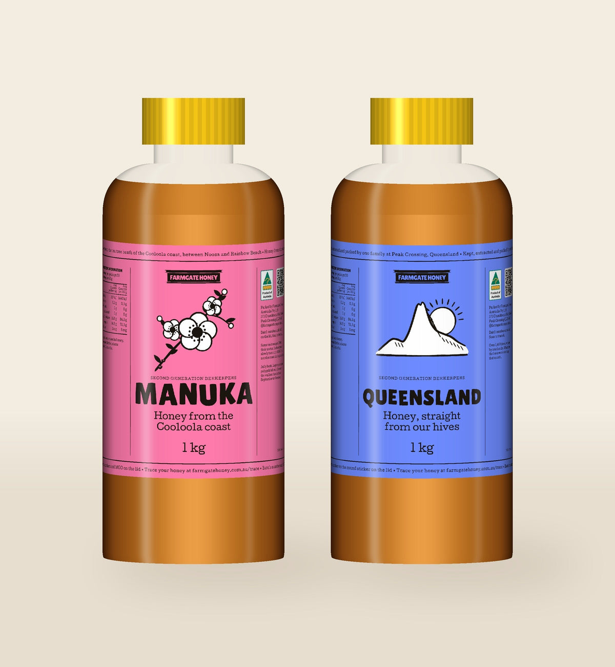 Two Farmgate Honey squeeze bottles side by side, manuka and Queensland honey