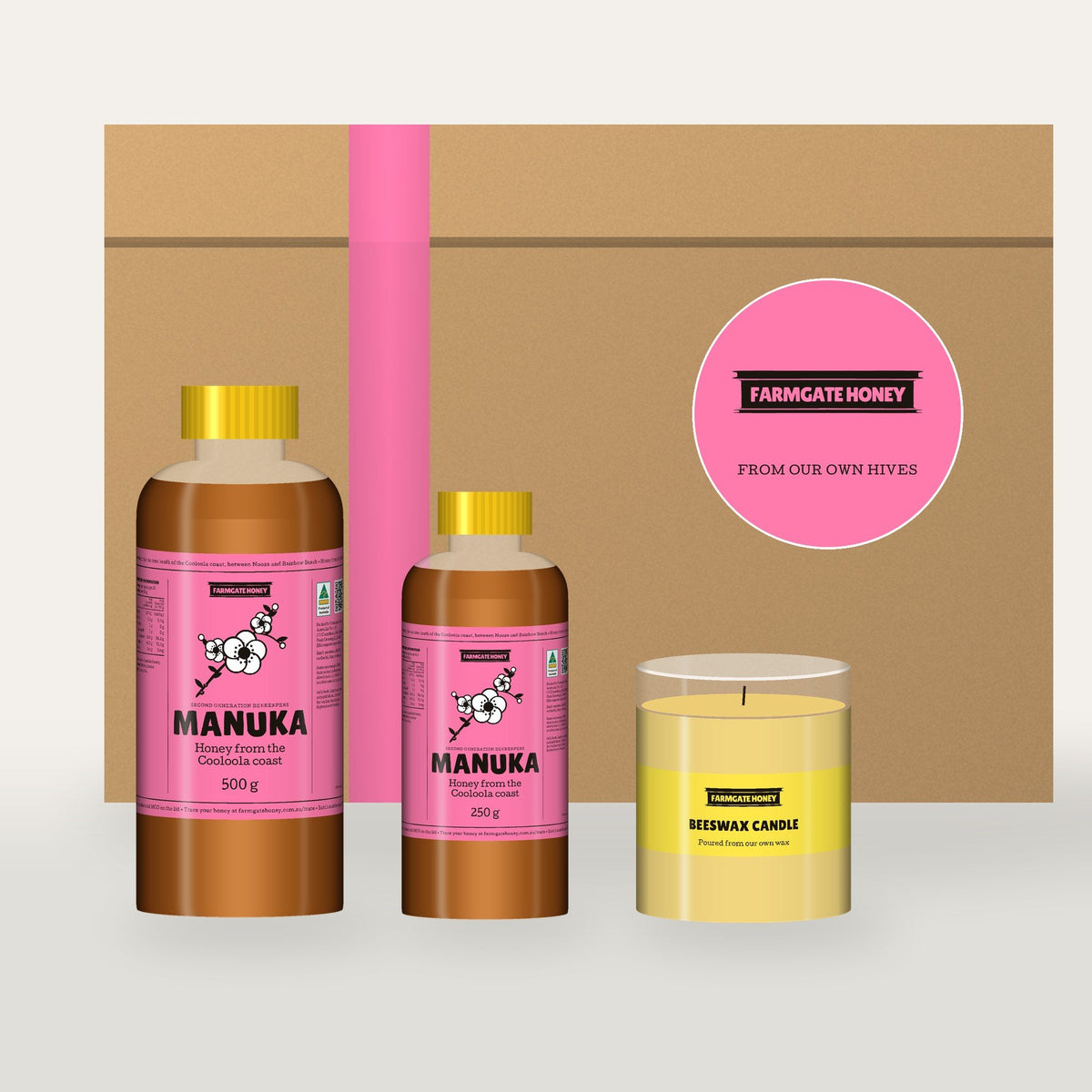 The Farmgate Honey Christmas Box: a 500g and a 250g bottle of Queensland manuka, fresh comb and a beeswax candle in a kraft gift box. A render of the label coming this season.