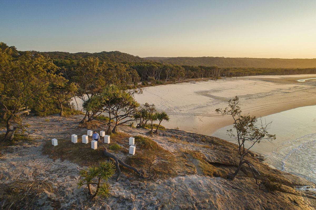 Farmgate hives on a headland above the beach at first light, on the Queensland coast