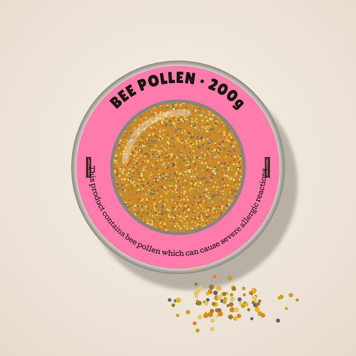 Bee pollen in a shallow window tin with the pink Farmgate Honey ring (test label, coming this season)