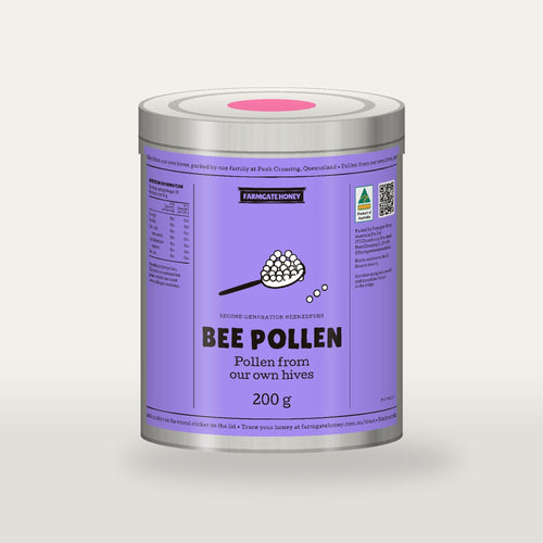 Bee pollen in a tin with the jacaranda label, a spoonful of pollen drawn on the front (a render of the new label, coming this season)