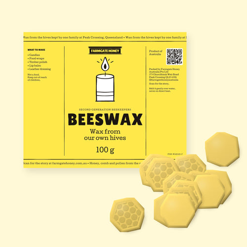 Beeswax pressed into small hexagon tablets, some with a honeycomb pattern, beside the lemon beeswax label (a render of the new label, coming this season)