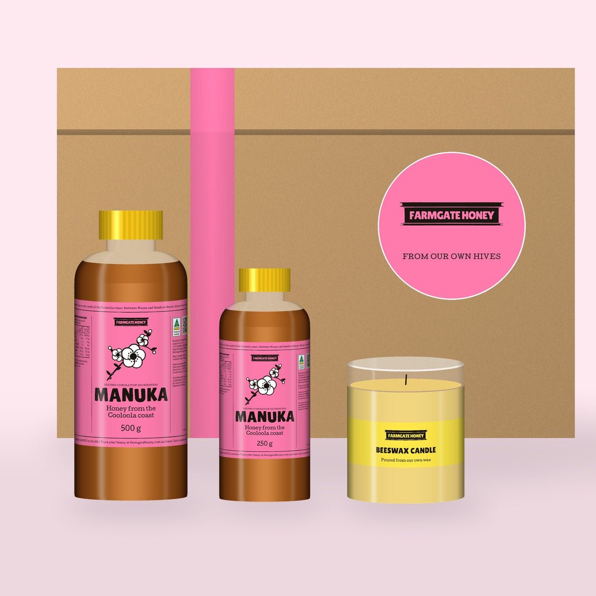 The Farmgate Honey Christmas Box: a kraft gift box with two bottles of pink-label manuka and a beeswax candle (a render of the new label, coming this season)