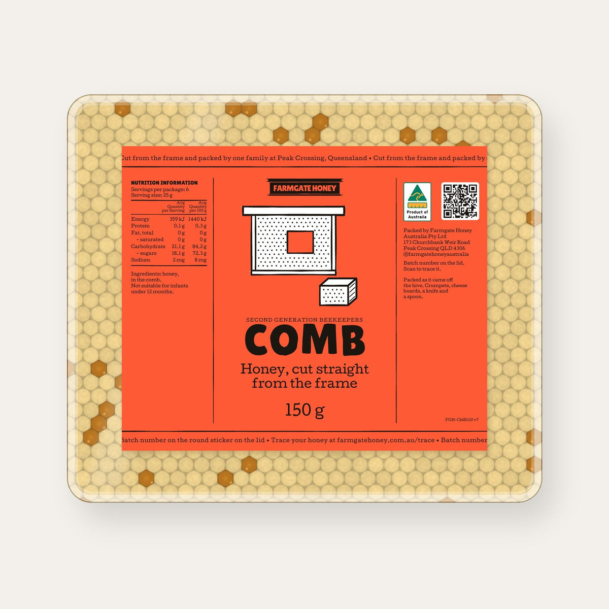 Comb honey in a clear tub seen from above, the tomato comb label on the lid (a render of the new label, coming this season)