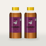 Two 500g bottles of Queensland Manuka Honey with the pink manuka label (a render of the new label, coming this season)