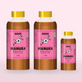 Two 1kg bottles and a 250g bottle of Queensland Manuka Honey with the pink manuka label (a render of the new label, coming this season)