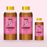 Two 1kg bottles and a 250g bottle of Queensland Manuka Honey with the pink manuka label (a render of the new label, coming this season)