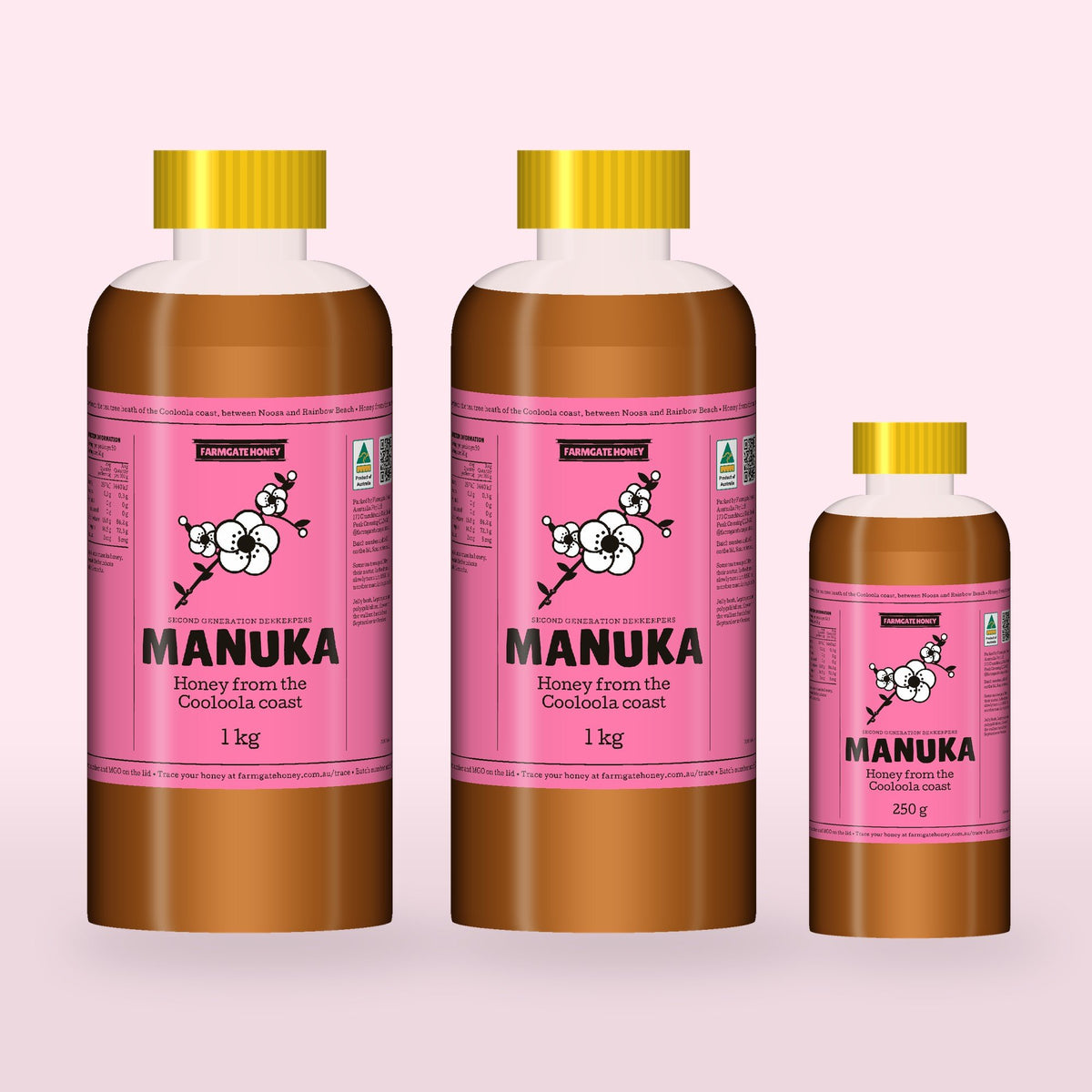 Two 1kg bottles and a 250g bottle of Queensland Manuka Honey with the pink manuka label (a render of the new label, coming this season)