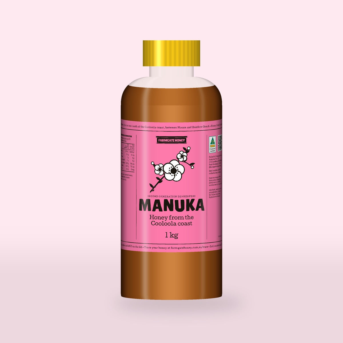 Queensland Manuka Honey in a clear squeeze bottle, the pink manuka label with a flowering tea tree drawn on the front (a render of the new label, coming this season)