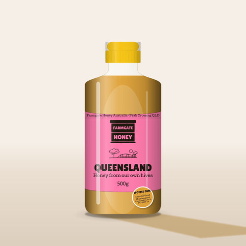 Queensland Honey in a clear squeeze bottle with the new pink Farmgate Honey label (test label, coming this season)