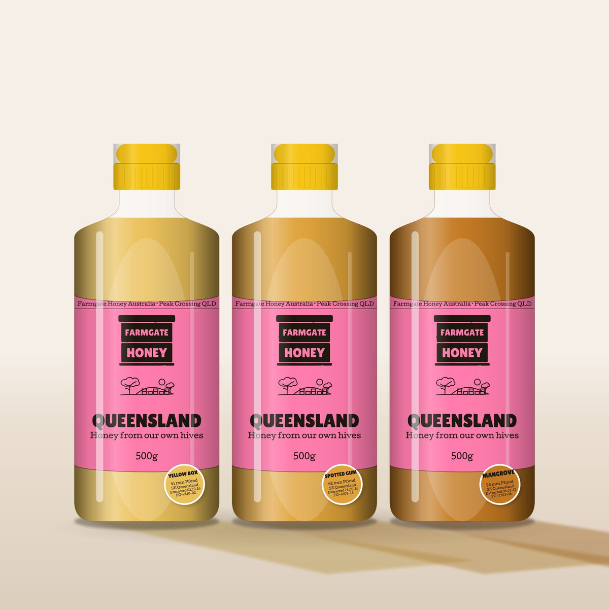 Three squeeze bottles of Queensland Honey, light to dark, with the new pink label (test label, coming this season)